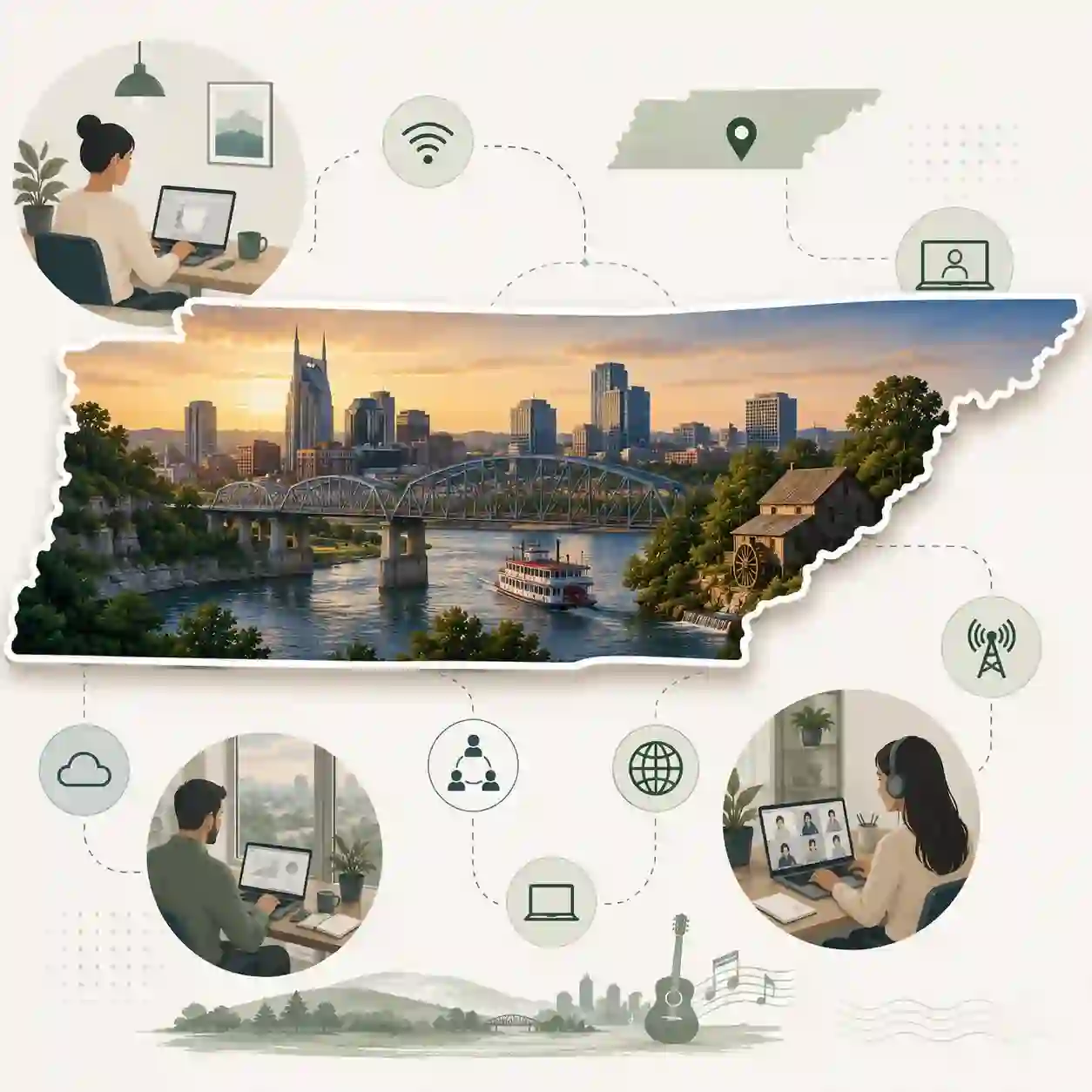 Tennessee state map with icons for mobile, office, remote team and call center connected to a central phone pin